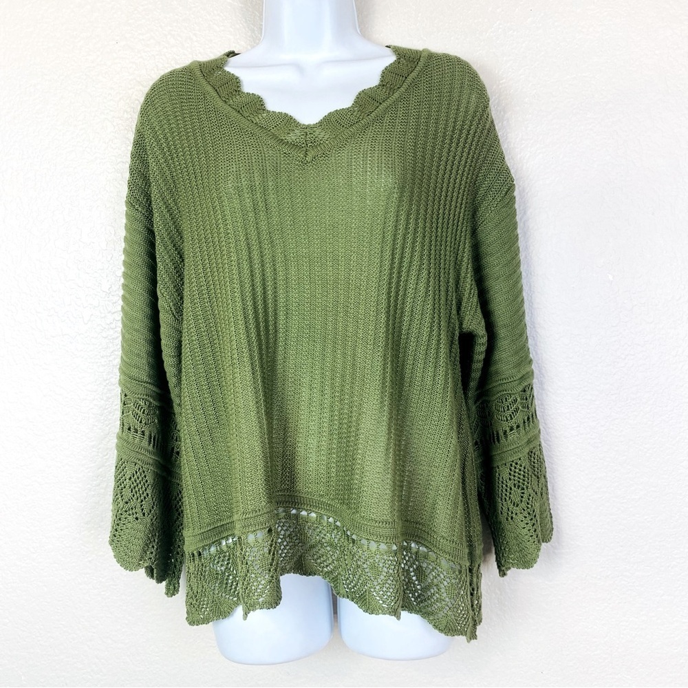 Olive Green V-Neck Knit Sweater with Crochet Hem